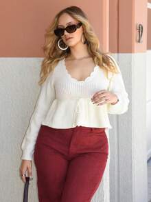 Arliah Scallop Trim Tie Front Peplum Sweater,Long Sleeve Tops,Knitted Sweater In Fall/Winter - Beige - View 1