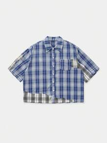 SWAVVY 标准尺码男士时尚休闲格子不对称拼接宽松落肩方正短袖衬衫 - 藍色 - 查看 3