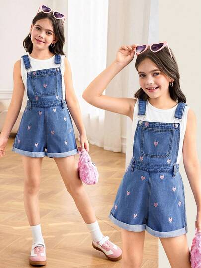 SHEIN Tween Girls Spring/Summer Break Light Washed Casual Heart Embroidery Cute Baggy Denim Jumpsuit Overalls Shorts Without Vest For Tween Girl Summer Clothes,Girls Summer Beach Boho Vacation Shorts ,Summer Concert Festival Casual Rave Outfits