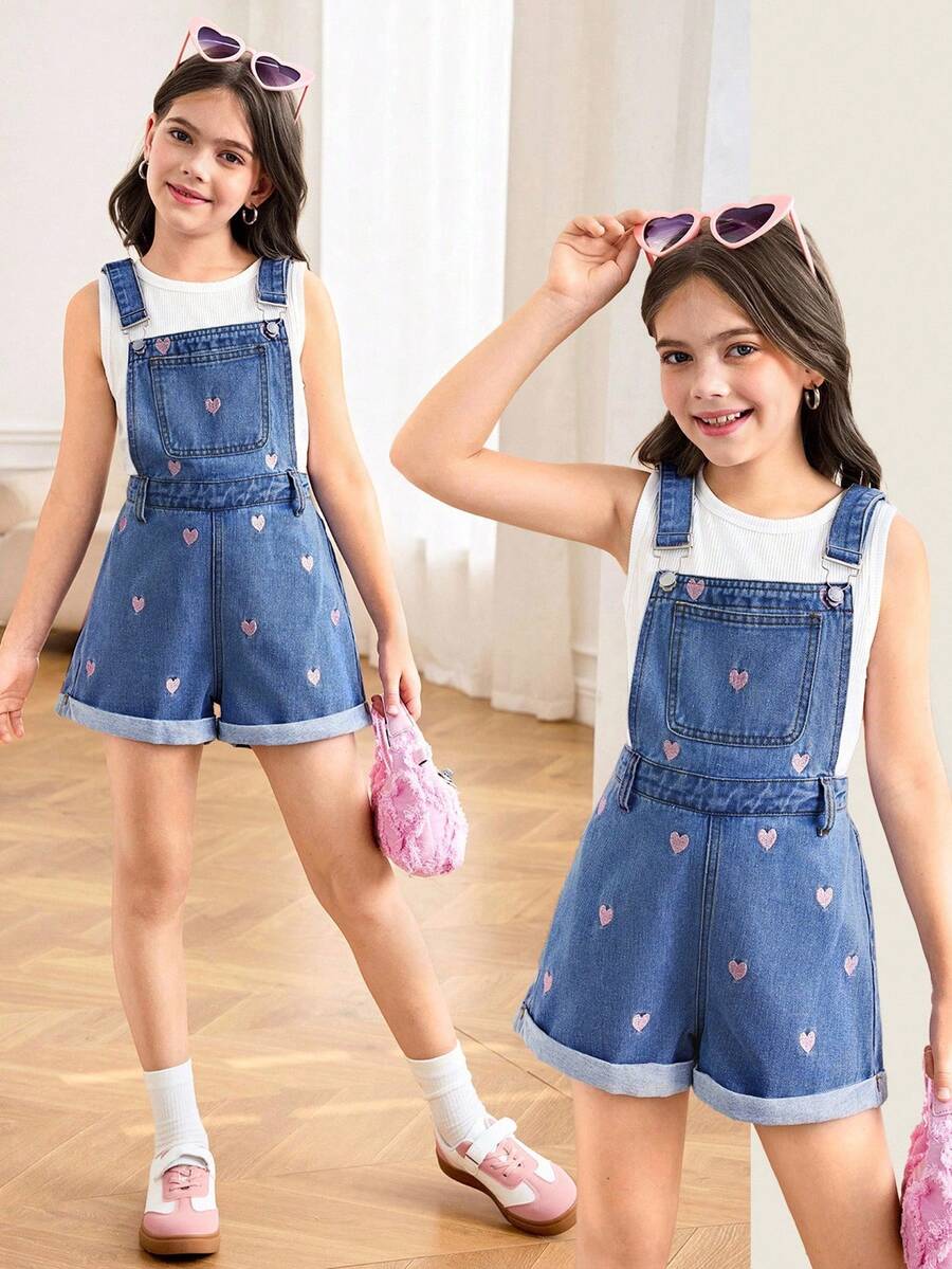 SHEIN Tween Girls Spring/Summer Break Light Washed Casual Heart Embroidery Cute Baggy Denim Jumpsuit Overalls Shorts Without Vest For Tween Girl Summer Clothes,Girls Summer Beach Boho Vacation Shorts ,Summer Concert Festival Casual Rave Outfits - Medium Wash - View 1