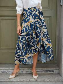 Louniche 女士春夏单件式褶皱拼接荷叶边图腾印花A字腰部开衩沙滩度假裙 - 彩色 - 查看 5