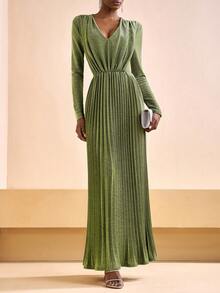 Veslaya 2026 Vestido plisado de manga larga con cuello en V, cintura ceñida y tela brillante, talla grande, nueva colección de principios de primavera