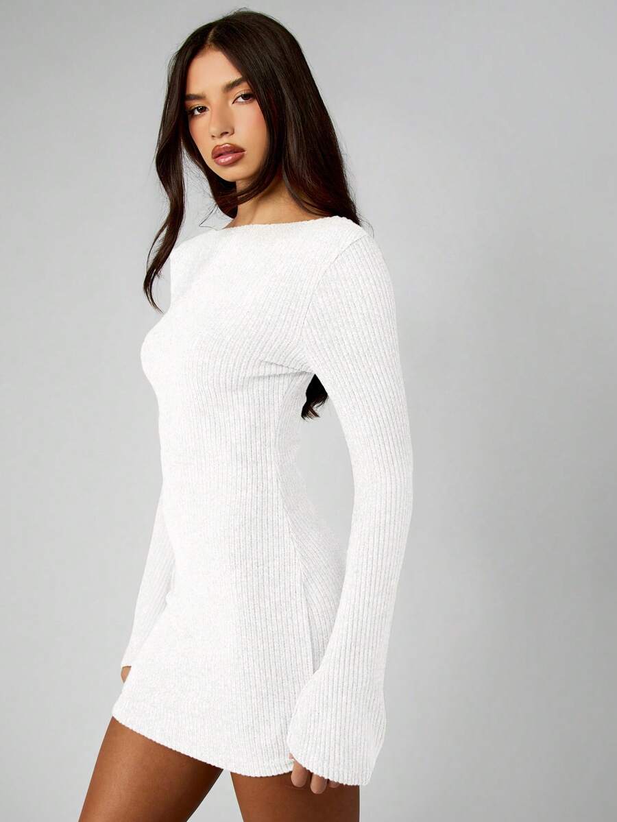 MISSGUIDED Long Sleeve Knitted Mini Dress Off Shoulder Bodycon Ribbed Sweater Dress Fall Winter Cozy Pullover - White - View 1