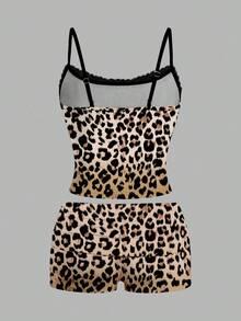 N_Standard Artist Y2k Women's Sexy Lace & Ombre Leopard Print Knit Camisole Top And Shorts Brown 2 Pieces Set, Going Out, Vacation, Spring & Summer Rave Outfits Festival, Ibiza Fits Suitable For Going Out - Khaki - View 2
