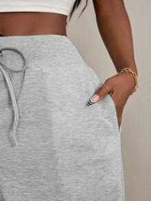 SHEIN PETITE CURVE 大码女式纯色抽绳腰阔腿宽松休闲运动裤，适合日常休闲、居家、运动、上学、通勤、户外活动，抽绳设计，春季百搭，适合外出、参加嘉年华等场合，休闲百搭，宽松舒适。 - 灰色 - 查看 7