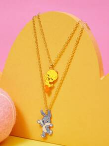 LOONEY TUNES X SHEIN Zinc Alloy Cartoon Pattern Printed Delicate Chain Necklace Set, Simple & Cute, Elegant & Niche, Suitable For Party, Concert, Festival - Gold - View 2