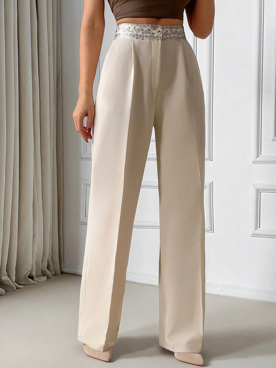 EURMUSE 米色刺绣高腰直筒裤，套穿式设计，饰有精美刺绣腰带，弹性舒适腰带，裤型挺括，九分裤长，轻盈透气面料，抗皱，适合办公室工作服和商务休闲场合，春夏衣橱必备单品，简约时尚，中性米色，易于打理，合身舒适，可系腰带，尺码齐全，适合大码和娇小身材，休闲波西米亚风 - 米色 - 查看 1