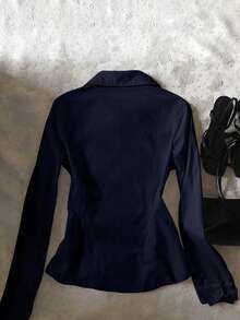 INAWLY 1pc Women's Slim Fit Solid Color Pleated Fashion Long Sleeve Shirt - Navy Blue - View 2
