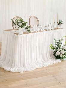 6英尺/9英尺涤纶薄纱窗帘套装（1件），婚礼签到桌布，浪漫优雅桌裙，婚礼派对酒店厨房户外活动装饰，美食摄影背景，生日派对，情人节，圣诞节，感恩节 - 白色 - 查看 2