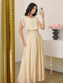 Modelyn Đầm voan thanh lịch thêu ngọc trai, thắt eo, dáng ôm, phong cách công sở trẻ trung. - Vàng nhạt - Xem 5