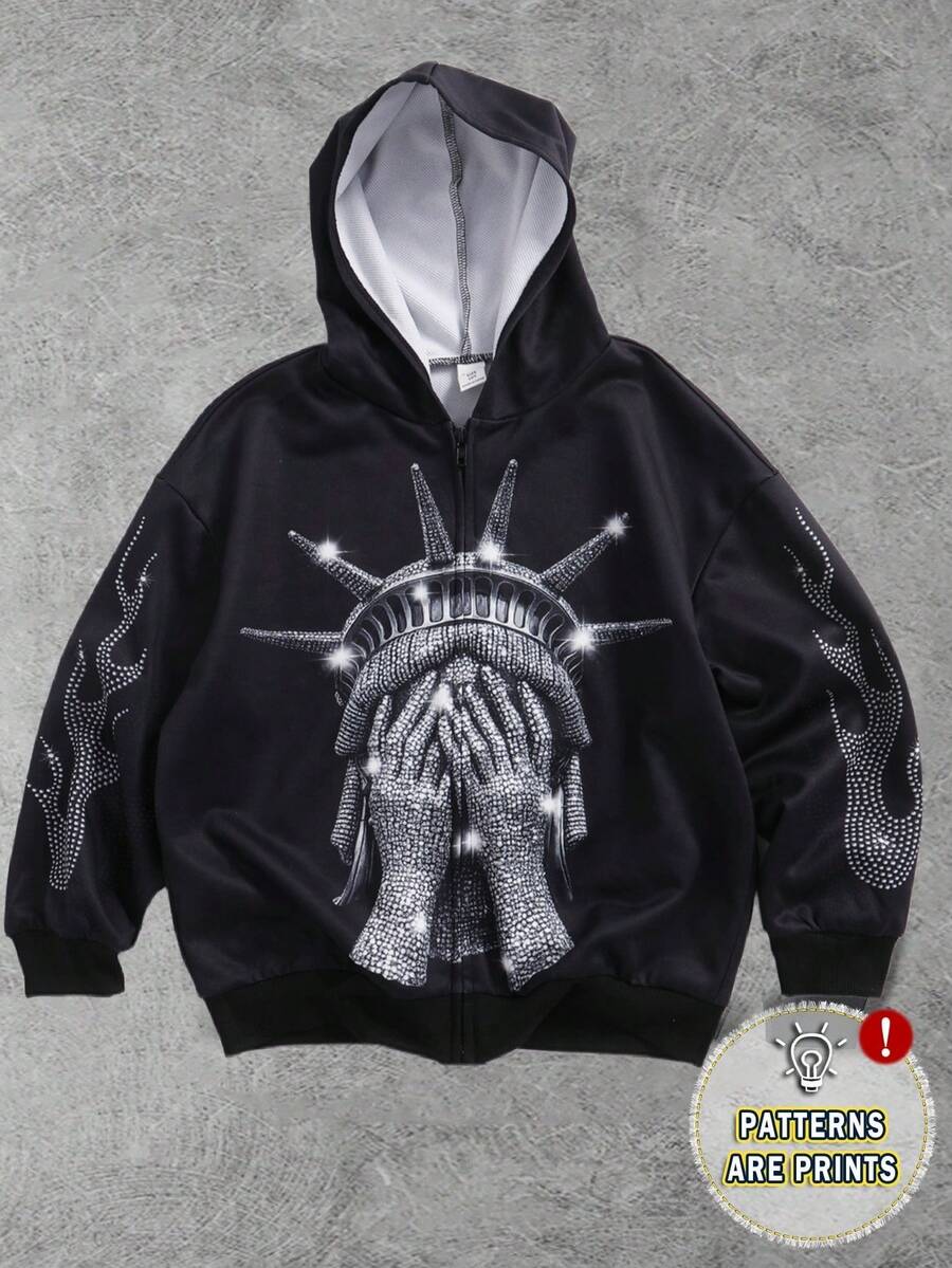 Bolty Rhinestone Sweatshirt Boy, Black Graphic Sweatshirts, Goth Sweatshirt Boy, Graphic Rhinestone Sweatshirt, Statue Of Liberty Sweatshirt, ' Choice Collection, Everyday Basic, Happy, Pastel Colors, Bikercore, Family Trip, Happy Days, I Love Mommy, I Love Daddy, Lovely Home, Cool, Streetstyle, Tween Boy Casual Cartoon Pattern Loose Fit Long Sleeve Sweatshirt, Thick For Autumn/Winter - Black - View 1