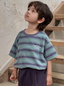 DAZY Young Boy Letter & Stripe Print Round Neck Casual Loose Short Sleeve T-Shirt Spring - Purple - View 4