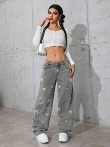 SHEIN Tall Jeans de pierna recta con lavado, bordado de mariposa y rhinestones de cintura baja - Gris Claro - Ver 6