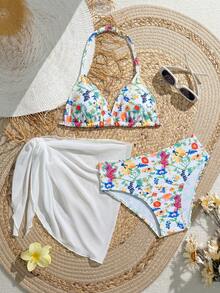 SHEIN 女童可爱碎花三角比基尼泳衣套装（图案随机） - 彩色 - 查看 1