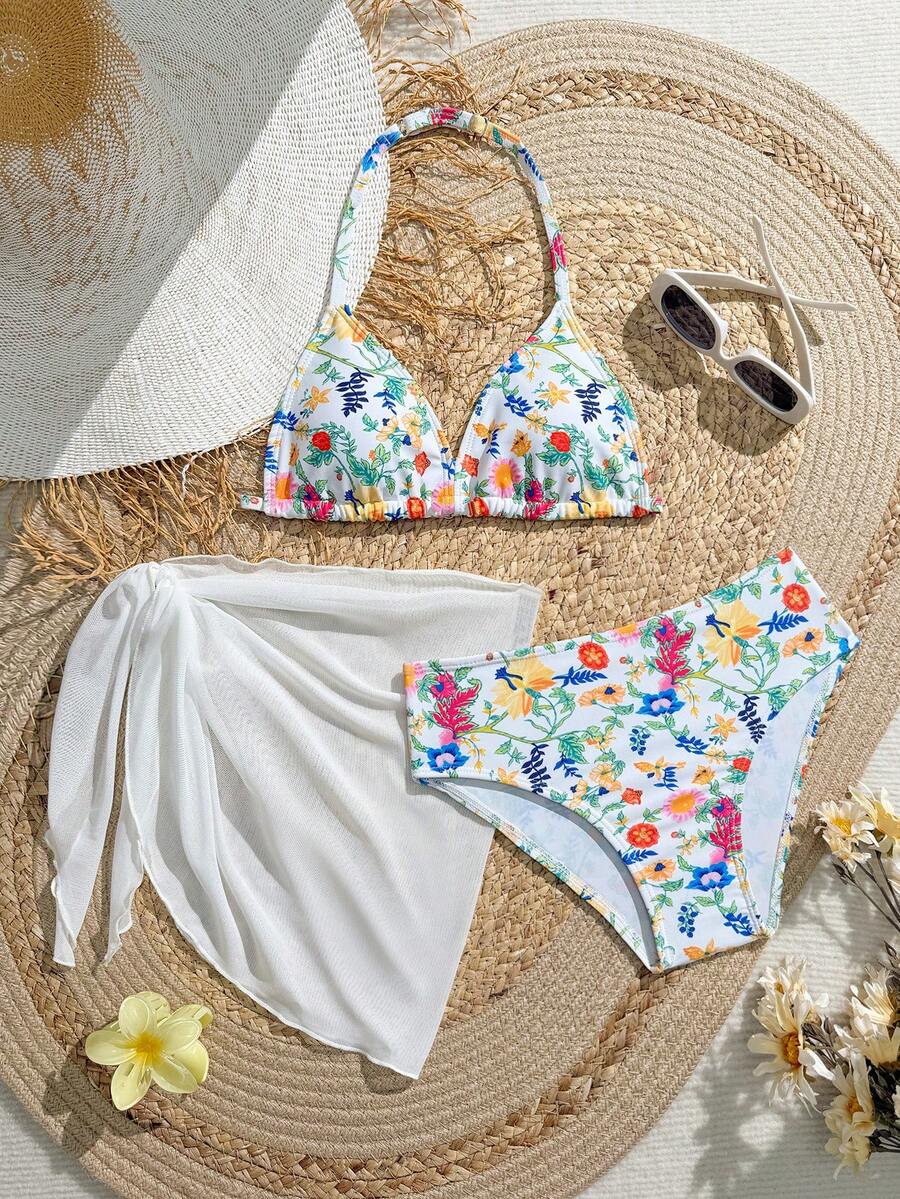 SHEIN 女童可爱碎花三角比基尼泳衣套装（图案随机） - 彩色 - 查看 1