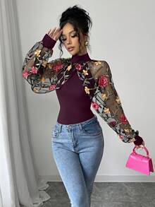 Chiquease Women's Knitted Patchwork Mesh Embroidered Autumn T-Shirt - Red Violet - View 6
