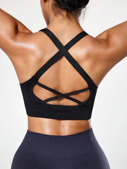 Seamluxe SHEIN Sport Women's Solid Color Minimalist Seamless Sports Bra, Everyday Wear Cross Back Sports Bra Workout Top Open Back Built In Bra Workout Top