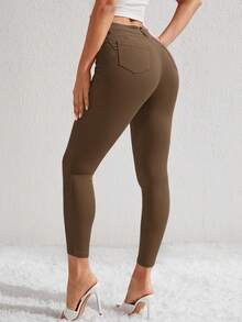 SHEIN ICON 女士纯色修身休闲百搭牛仔裤 - 棕色 - 查看 2