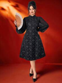 Reflora Plus Size Women's Black Long Sleeve Elegant Patchwork Midi Dress,Autumn/Winter Formal Evening Outfit,Modest Chinese Style Floral Formal Party Dress - Black - View 6