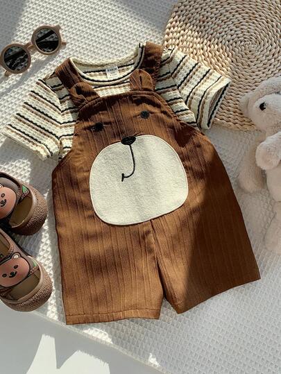 SHEIN Set de 2 piezas con peto corto con diseño de oso 3D y top de punto de manga corta a rayas, ropa de primavera/verano unisex para bebé niño/niña