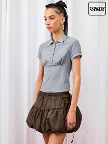 COUREZ Short Sleeve Fitted Polo Collar Top/Y2K Cute Going Out Tops Sexy - Grey - View 1