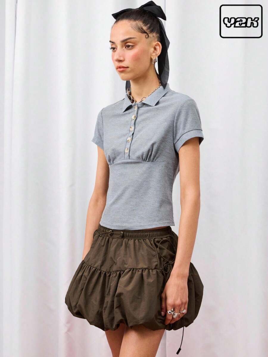 COUREZ Short Sleeve Fitted Polo Collar Top/Y2K Cute Going Out Tops Sexy - Grey - View 1