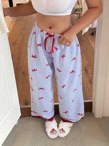 Dream Adore Plus Size Women Blue Striped Bow Graphic Print Pajama Pants, Suitable For Spring, Summer, Autumn, Can Be Worn Indoors And Outdoors Bow Pjs Bow Pajamas Cute Pajama Pants - Blue - View 4