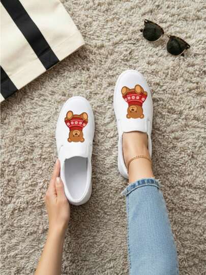 Tenis slip on, oso, osito tenis sin agujetas, tenis casual, tenis cómodos, gráficos divertidos, diseño juvenil, calzado ligero, tenis urbanos, tenis de uso diario