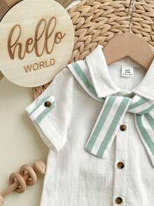 男女宝宝休闲学院风纯色短袖衬衫，条纹披肩领连体短裤，适合春夏穿着，室内外皆可。 - 彩色 - 查看 3