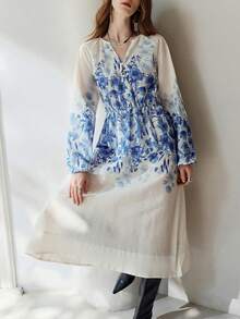 Aveloria Modichic Vestido largo de manga larga para mujer con estampado floral azul, cuello en V, abotonado sencillo, cintura ceñida, elegante, bohemio y romántico para vacaciones - Multicolor - Ver 2