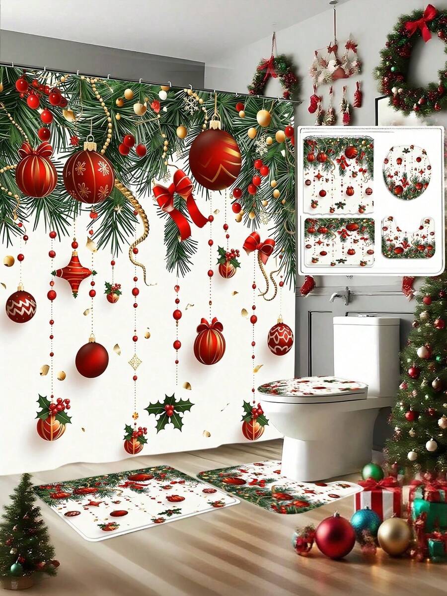 Bộ 4 món rèm tắm phòng tắm với các chi tiết trang trí như quả cầu, nơ, dây xích vàng và các phụ kiện khác, chống thấm nước và chống mài mòn, kèm 12 móc treo - Bao gồm cả tấm phủ bồn cầu, thảm tắm và thảm trải sàn - Chất liệu polyester chống trượt - Có thể giặt - Hoàn hảo cho trang trí ngày lễ, nhà cửa/phòng ngủ/nhà ở/trang trí theo phong cách miền Tây. - Nhiều màu - Xem 1