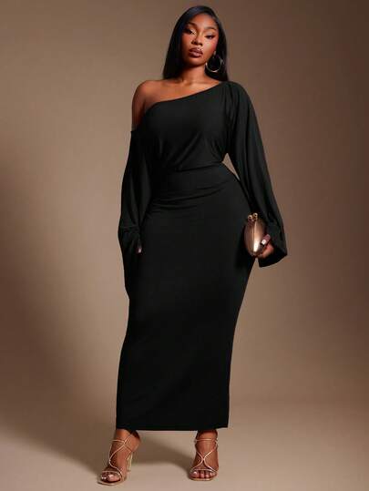 Radiana Plus Size Elegant Black Asymmetrical Neck One Shoulder Long Fitted Batwing Sleeve Dress