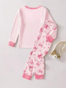 Young Girls Pajamas-2 Piece Pajama Set Pink Butterfly Bow 67 Print Crew Neck Long Sleeve Top Matching Long Pants Elastic Waist Ribbed Cuffs Soft Lightweight Four Season Sleepwear Holiday 2026 Must Have Gift Snug Fit Pants Pajama Set Toddler Sleepwear Pj For Girl - Pink - View 2