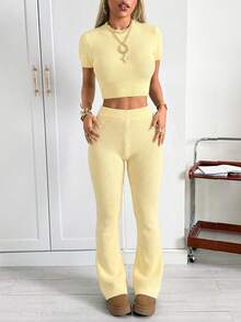 SHEIN EZwear 女士纯色圆领针织短袖上衣和喇叭针织裤休闲套装 - 鵝黃色 - 查看 4