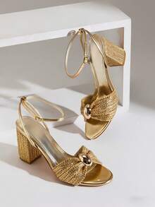 SHUZIA Women's Elegant Round Toe Block Heel Ankle Strap Sandals - Gold - View 5