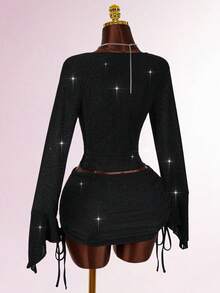 Amplova 女士性感两件套，适合派对穿着，长袖上衣带胸垫和迷你裙，秋冬季款 - 黑色 - 查看 10