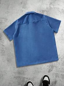 PAVTROS 男士大码休闲宽松工装口袋衬衫，纽扣前襟方正短袖衬衫，多口袋设计，都市休闲风，百搭实用，都市时尚，日常休闲，时尚百搭，节日礼物，男友礼物 - 霧霾藍 - 查看 2