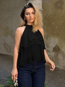 Jeta Ari Loose Fit Neck Tie Ruffle Hem Asymmetrical Chiffon Blouse - Black - View 6