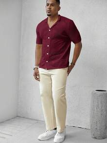 Manfinity Homme Áo len dệt kim màu trơn thường ngày dành cho nam - Màu Đỏ Sâu - Xem 3