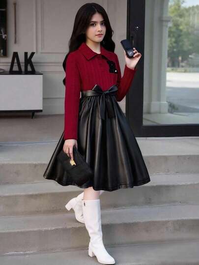 Autumn/Winter Striped Long Sleeve Collared Patchwork Brown Dress For Teen GirlLively & Fashionable, Suitable For Party, Daily Wear And More Occasions Red Long Sleeve Top Black Skirt Set Teen Girl Red Black Outfit Teen Girl Skirts Sets Elegant Set For Girls Skirt