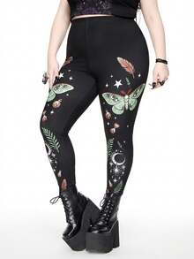 ROMWE Quần legging đen in họa tiết Gothic Thorn Witch, Butterfly, Star & Moon Magic Potion, Plant & Feather Print, Plus Size Women's Pants cho mùa Thu/Đông. - màu xanh lá - Xem 6