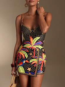 Swim Oasis 1 pieza Mono de playa con estampado de plantas tropicales y falda de cobertura, adecuado para Navidad, Año Nuevo, salidas de vacaciones - Negro - Ver 8