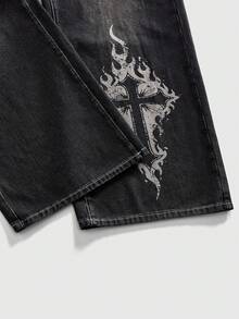 ROMWE MEN Street Life Jeans de corte holgado con hebilla con estampado de avión para hombres - Negro - Ver 4