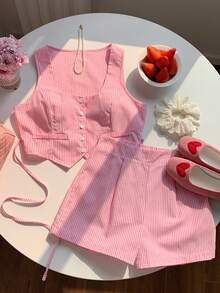 Comfortcana Women's Summer Vacation Striped Cardigan & Shorts 2 Pieces Set - Pink - View 3