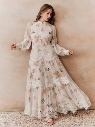 Anewsta Vestido de Manga Longa com Estampa Floral Elegante e Recorte de Renda para Mulheres Plus Size