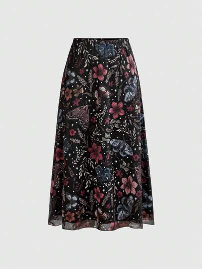 Fairycore Damen Gothic-Stil A-Linien Punk Rock Rock mit Fledermaus-, Schädel-, Mond- und Kürbis-Motiv