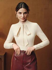 Anewsta Women's Elegant Party Dress Red Top T-Shirt, High-End Bowknot Tie Long Sleeve Sweater - Apricot - View 7