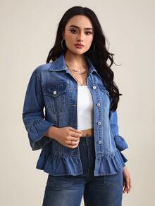 SHEIN Tall Women's Casual Denim Jacket With Bell Sleeves, Single-Breasted, And Ruffle Hem - Blue - View 6