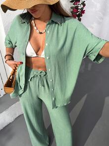 EURMUSE Green Rhinestone Embellished Button-Up Short Sleeve Top And Wide-Leg Pants Set - Green - View 6