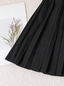 SHEIN 少女无袖蝴蝶结开衫上衣和百褶裙优雅夏季套装 - 黑色 - 查看 6